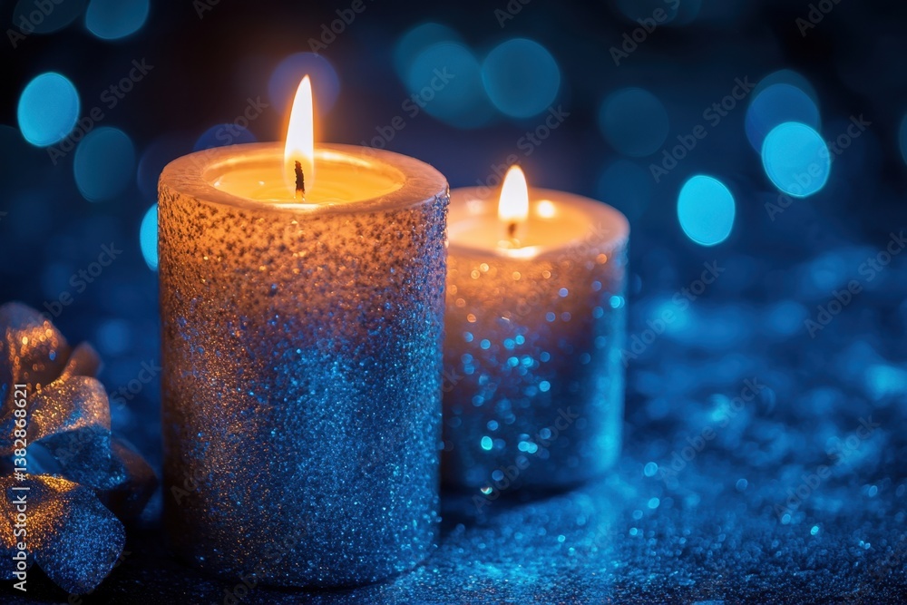 Poster enchanting glittering candles aglow on a dark blue surface with bokeh lights creating a festive and 