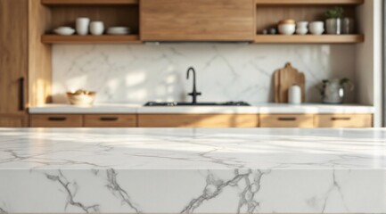 Clean marble is prominent in the foreground, with a modern, minimalist kitchen faintly visible in the background.