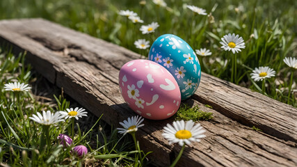 Five painted easter eggs celebrating a Happy Easter with a rustic wooden bench & green meadow grass to place products in front 
