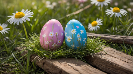Five painted easter eggs celebrating a Happy Easter with a rustic wooden bench & green meadow grass to place products in front 