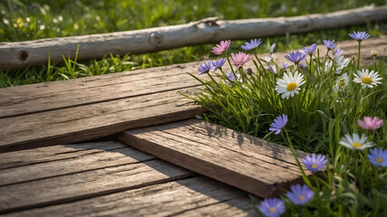 Five painted easter eggs celebrating a Happy Easter with a rustic wooden bench & green meadow grass to place products in front 