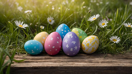Five painted easter eggs celebrating a Happy Easter with a rustic wooden bench & green meadow grass to place products in front 