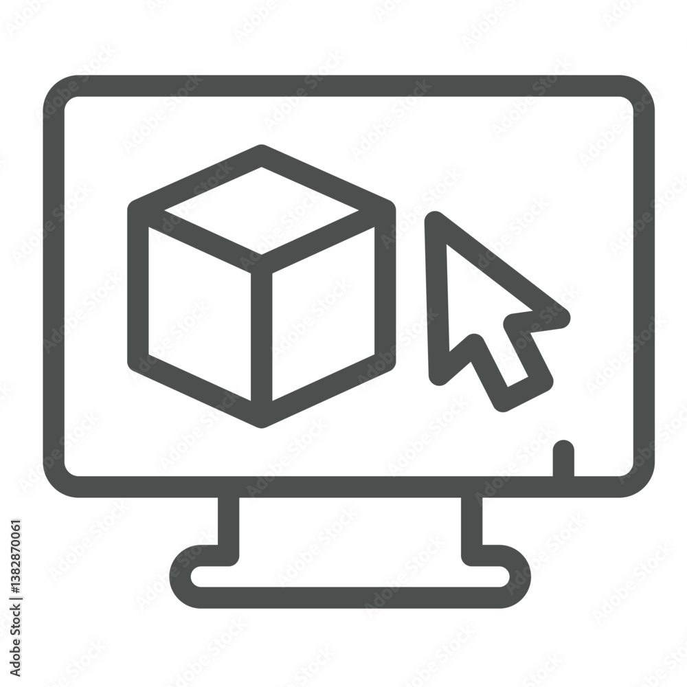 Fototapete Monitor with 3D square and cursor pointer line icon, architect studio concept. Vector graphics. Display with 3D program sign on white background, outline style icon for mobile or web design.