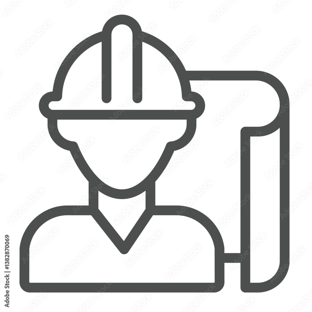 Poster architect man project paper line icon, architect studio concept. vector graphics. construction worke