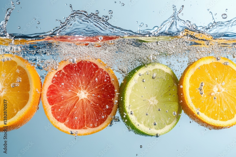 Poster vibrant citrus fruits plunging into refreshing water creating a splash of color and bubbles for a he