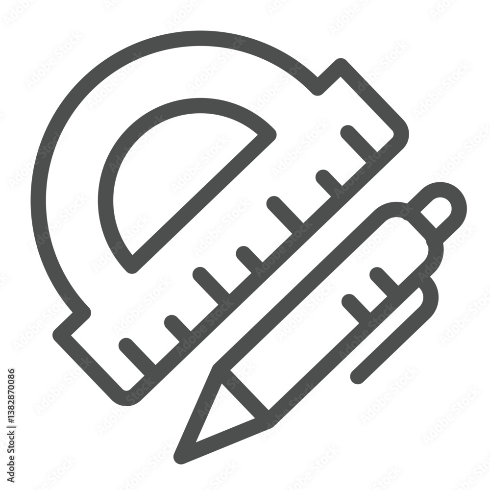 Poster protractor ruler and pen line icon, architect studio concept. vector graphics. ruler tool with pen s