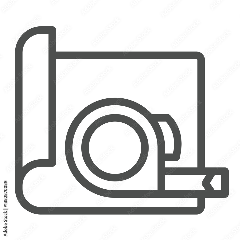 Poster project paper and measuring tape line icon, architect studio concept. vector graphics. ruler reel wi