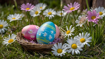 Five painted easter eggs celebrating a Happy Easter with a rustic wooden bench & green meadow grass to place products in front 