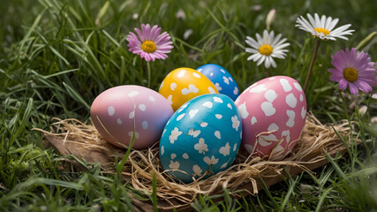 Five painted easter eggs celebrating a Happy Easter with a rustic wooden bench & green meadow grass to place products in front 