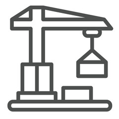 Crane with container line icon, construction concept. Vector graphics. Cargo uplifting heavy equipment sign on white background, outline style icon for mobile or web design.