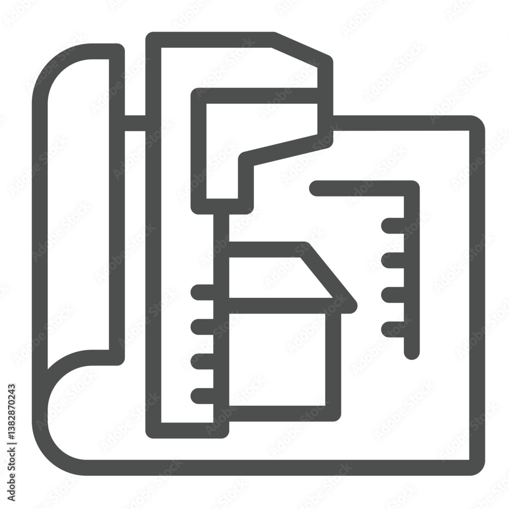 Poster caliper and house design plan line icon, architect studio concept. vector graphics. measurement tool
