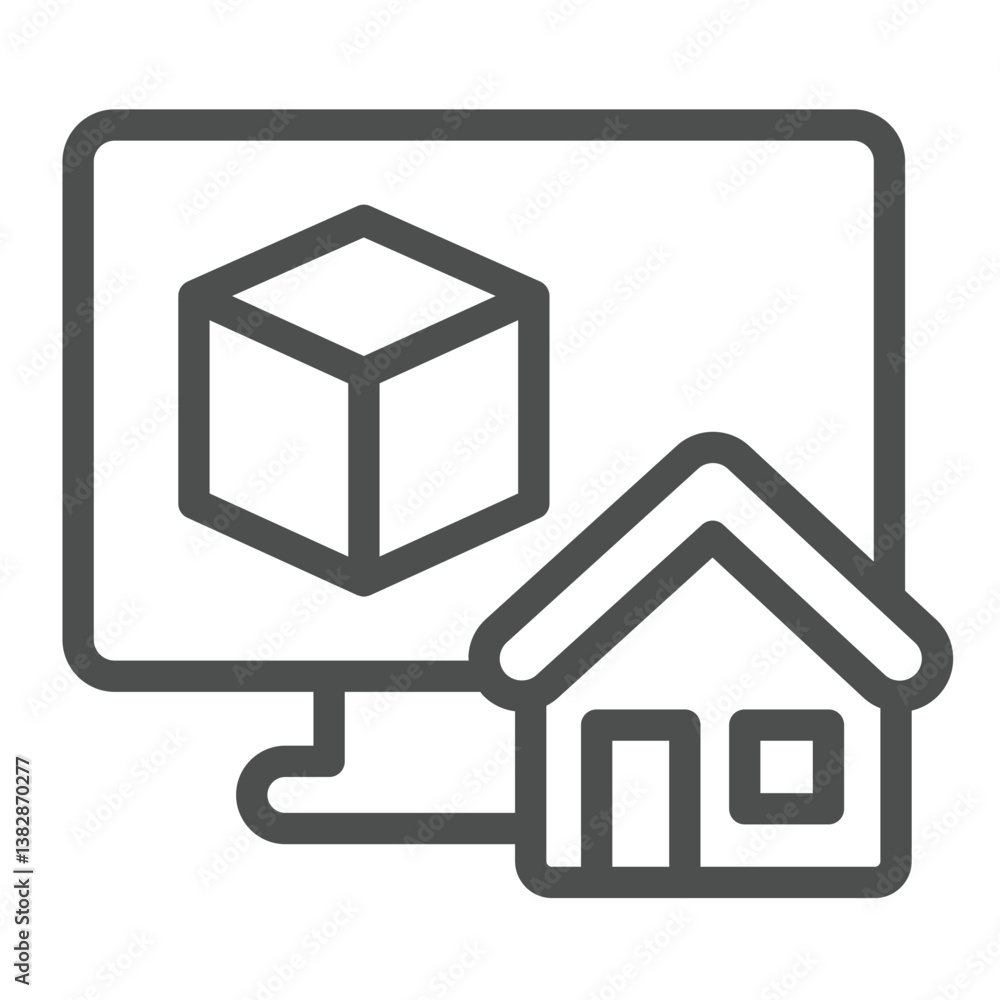 Poster monitor with 3d application and house line icon, architect studio concept. vector graphics. display 