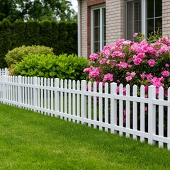 Wooden picket fence in the yard. Vinyl fence around the house, green lawn, pink flowers, flower bed. Decorative plastic fencing for the garden, landscape design, marking the boundaries of the site