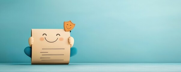 Obraz premium financial planning expenses protection concept. Happy cartoon character holding a paper with a smiley face.