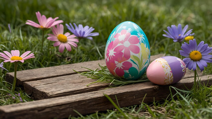 Five painted easter eggs celebrating a Happy Easter with a rustic wooden bench & green meadow grass to place products in front 