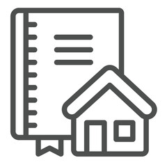 Architect notebook and house line icon, architect studio concept. Vector graphics. Notepad with cottage building sign on white background, outline style icon for mobile or web design.