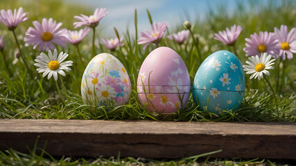 Five painted easter eggs celebrating a Happy Easter with a rustic wooden bench & green meadow grass to place products in front 