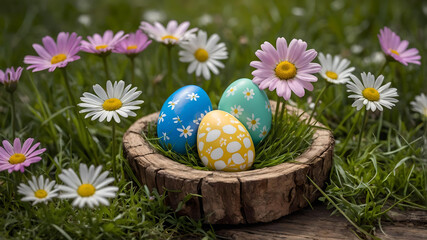 Five painted easter eggs celebrating a Happy Easter with a rustic wooden bench & green meadow grass to place products in front 