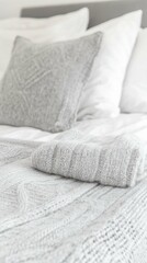 Cozy bedroom with soft gray knitted blanket and pillow on white bedding