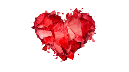 Broken ruby heart on a black background for love concept, cut out transparent