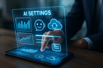businessman interacting with futuristic holographic ai settings interface on digital tablet showing data charts cloud and user preferences for smart technology configuration and control