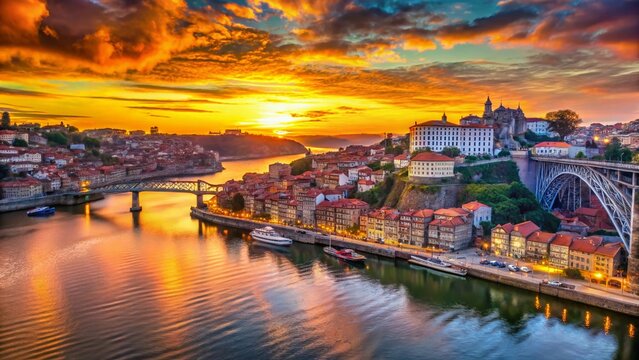 Porto Ribeira Sunset Panorama: Dom Lu&iacute;s Bridge & Douro River, October 2013