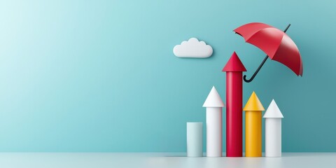 financial planning expenses protection concept. Colorful graph with an umbrella and cloud on a blue background.