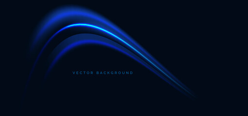 Abstract neon blue wave rays on dark blue background. Speed motion moving concept.
