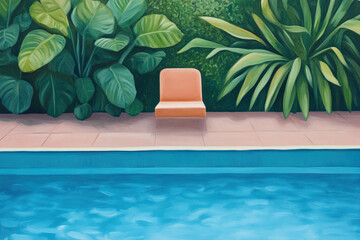 Fototapeta premium Colorful chair beside a tranquil pool in a garden setting