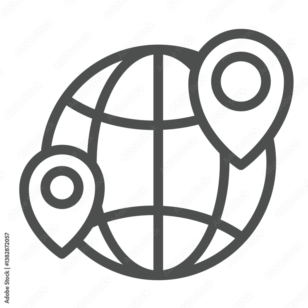 Poster globe and location pins line icon, geo navigation concept. vector graphics. world globe with geoloca