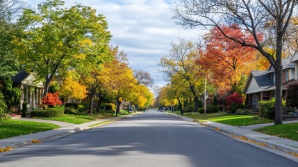 A peaceful suburban street in Toronto, lined with trees and modern townhouses.