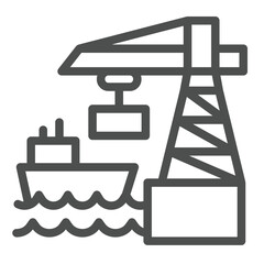 Port crane with container and ship line icon, marine port concept. Vector graphics. Cargo shipping, world sea delivery sign on white background, outline style icon for mobile or web design.