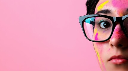 Young caucasian female with colorful festival paint on face and glasses against pink background