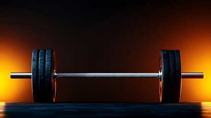 Barbell resting with plates attached. Shiny floor with warm lighting behind the gym equipment