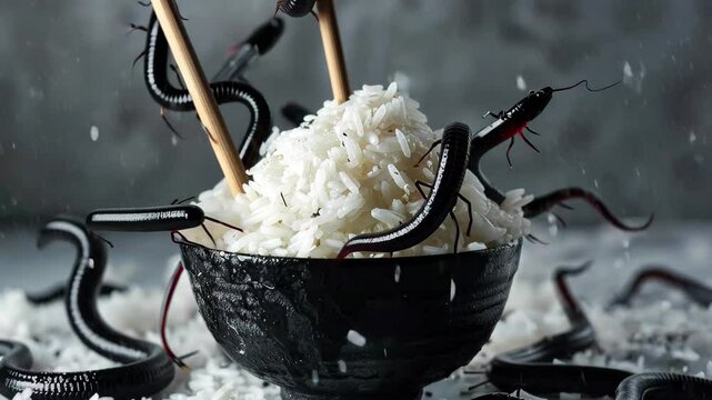 Chopsticks rest in a bowl brimming with fluffy rice, while numerous dark eels slither around it, creating a striking contrast in a moody atmosphere.