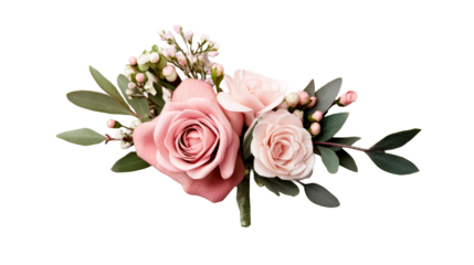 Delicate Pink Rose Boutonniere Isolated on Black Background, cut out transparent