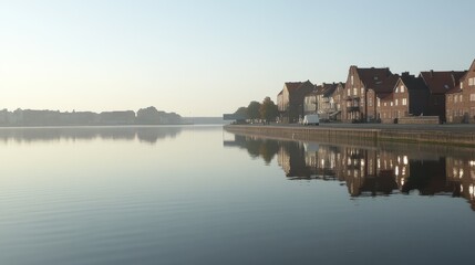 Fototapeta premium A quiet sunrise over the water in Copenhagen, reflecting its charming cityscape.
