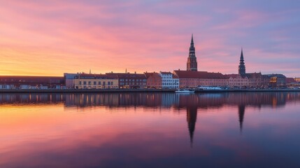 Obraz premium A quiet sunrise over the water in Copenhagen, reflecting its charming cityscape.