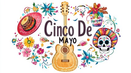 Fototapeta premium Colorful Cinco de Mayo vector illustration featuring a guitar, festive flowers, and traditional skulls on a clean white background with bold 