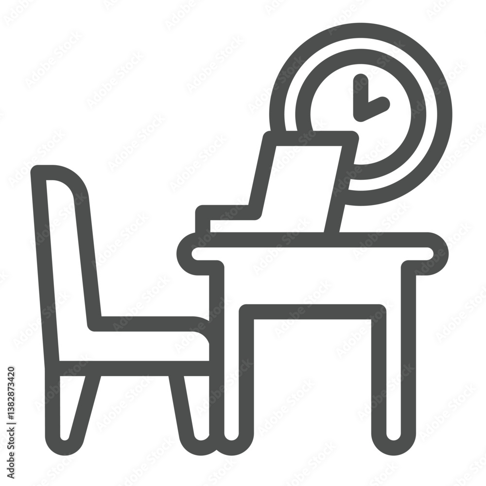 Poster table with chair and laptop line icon, remote work concept. vector graphics. personal workplace with