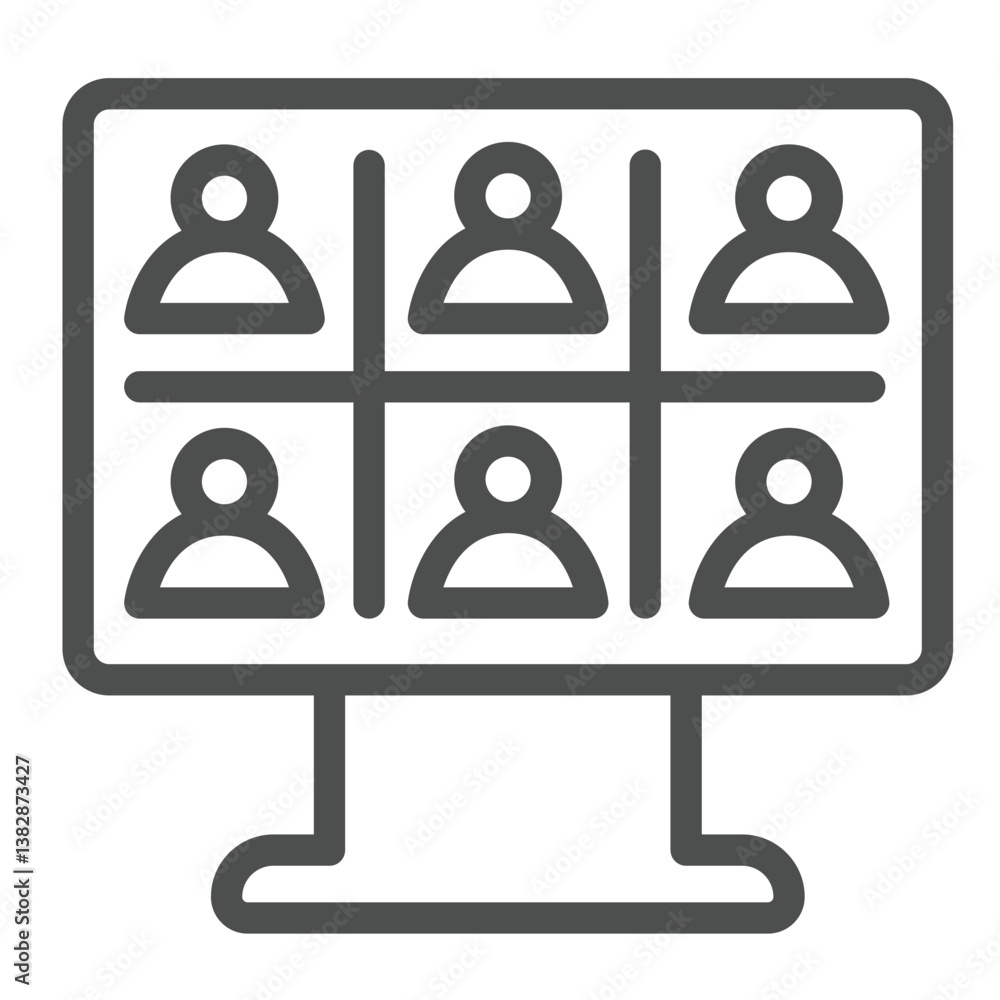 Aufkleber monitor with team conference app line icon, remote work concept. vector graphics. display of online 