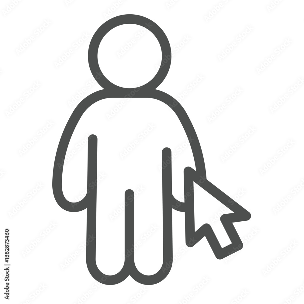 Poster human and mouse cursor line icon, remote work concept. vector graphics. worker man with pointer, can