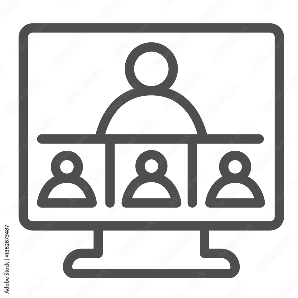 Poster monitor and user conference app line icon, remote work concept. vector graphics. display with online