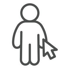 Human and mouse cursor line icon, remote work concept. Vector graphics. Worker man with pointer, candidate sign on white background, outline style icon for mobile or web design.