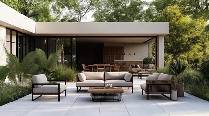 A modern outdoor patio space with a minimalist design. 