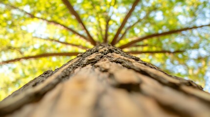 Fototapeta premium Upward view of tree trunk against bright green foliage
