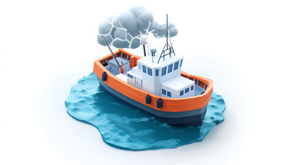 isometric illustration of a fishing boat during a storm