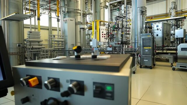 Computer displaying map with industrial plant managing production process suggesting cyber security measures and automation technology in modern factory setting