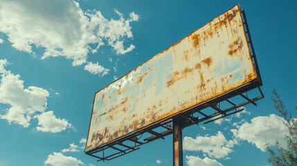 Rusty Billboard Against Cloudy Sky: Weathered and aged billboard stands tall against a dramatic sky, its surface bearing the marks of time and the elements.