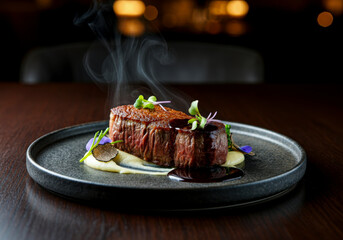 Gourmet steak dish served with creamy puree and microgreens on black plate in warm ambient light, showcasing elegant food styling, culinary art and fine dining in upscale restaurant setting